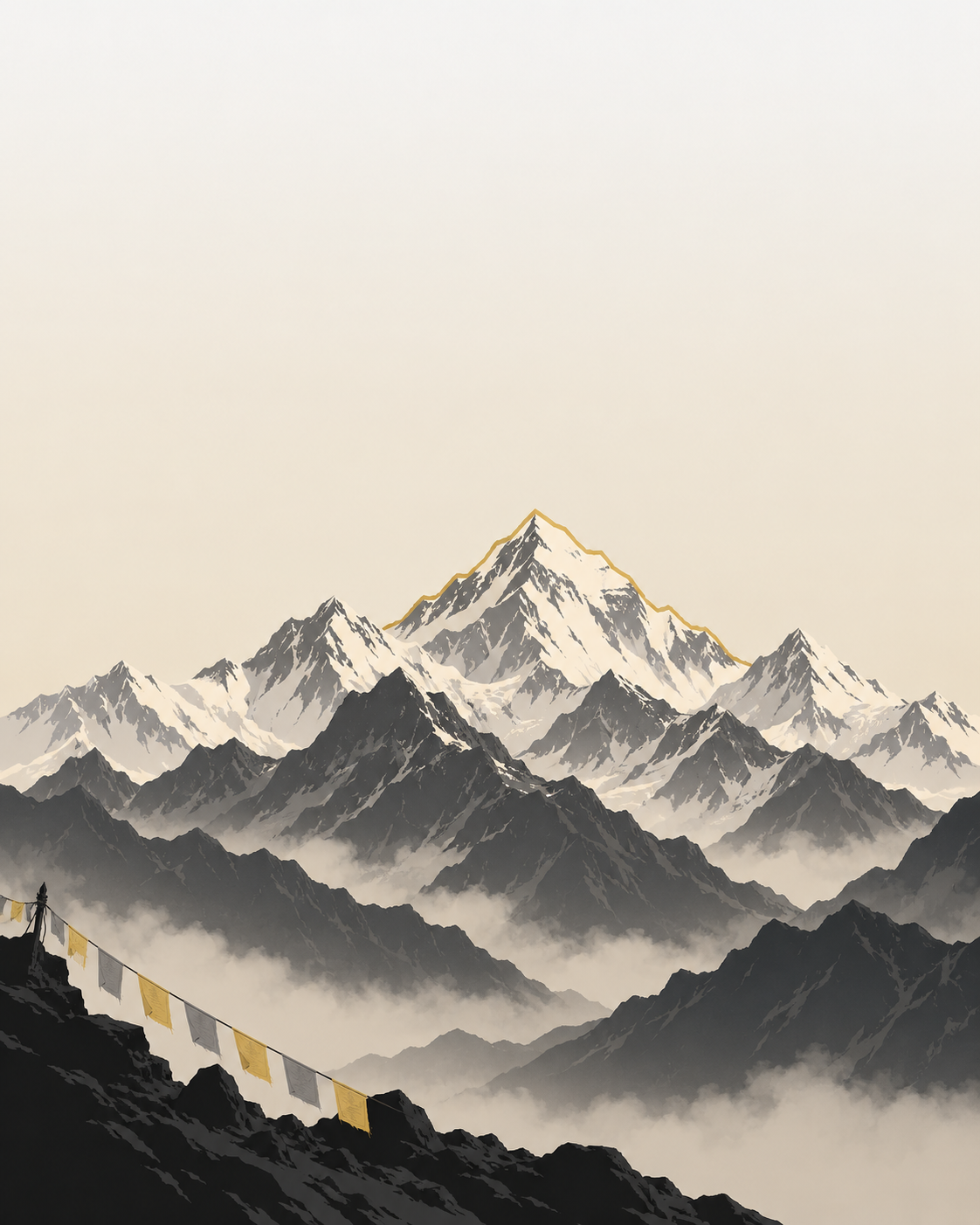 Himalayan mountain range with prayer flags
